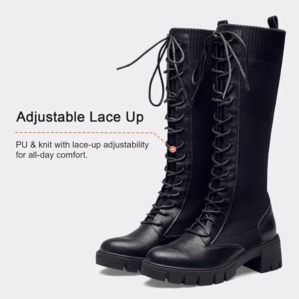 Women's Black 953 Chunky Platform Heel Lace Gothic Knee High Combat Boots